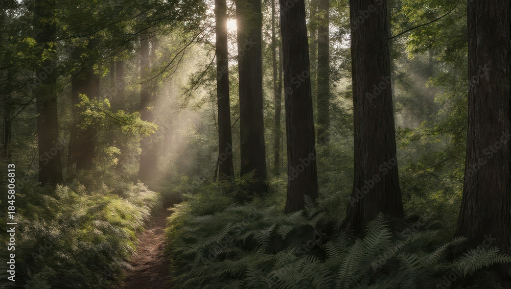 Obraz premium Sunbeams filter through a dense forest canopy illuminating a path.