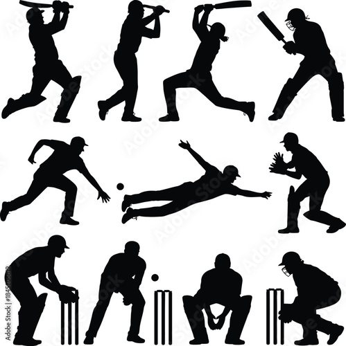 Cricket player action silhouettes set