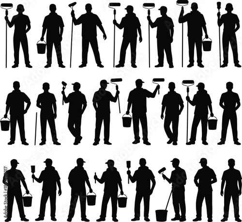 Collection of painter silhouettes with tools