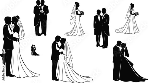 Elegant black and white silhouettes set of wedding couples in various romantic kissing, standing, and embracing poses, perfect for marriage invitation, love, and celebration design.