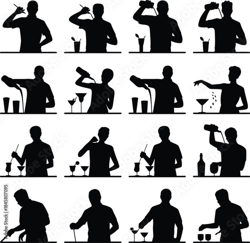 Bartender silhouette collection: mixology and cocktail preparation actions