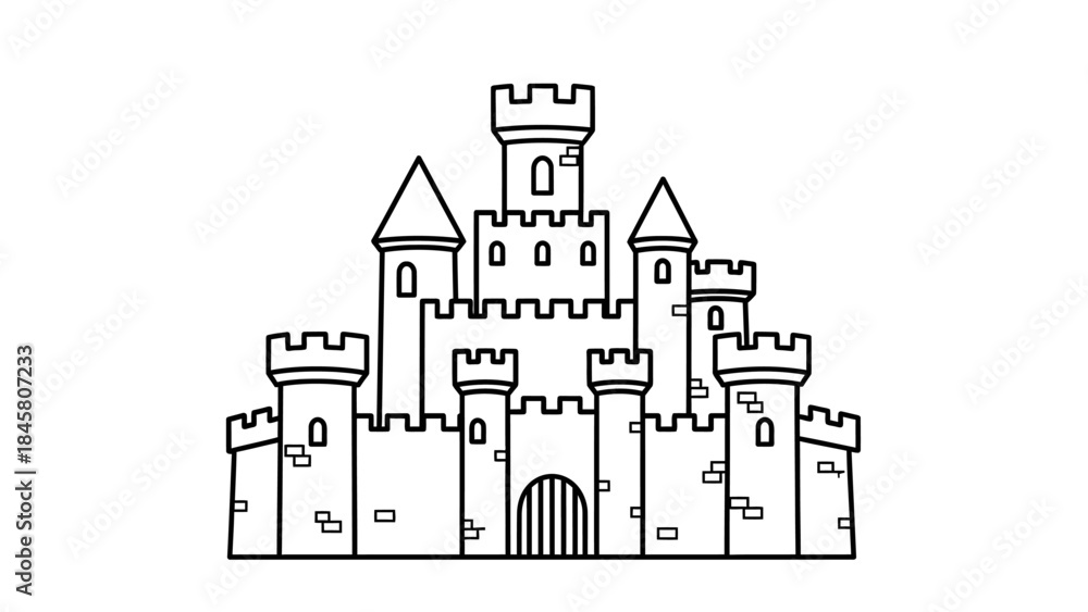 Obraz premium Whimsical Fort Detailed Black and White Line Art of a Classic Stone Castle