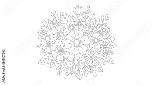Elegant Floral Bouquet Line Art A Detailed Botanical Illustration with Intricate Leaf and Blossom Designs