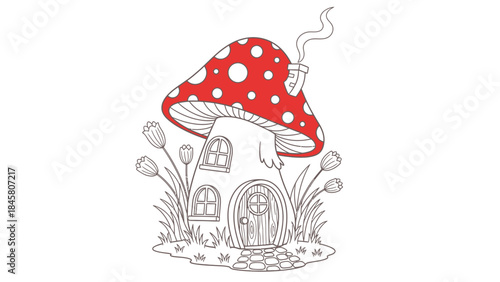 Enchanting Mushroom House Illustration with Floral Surroundings for Creative Projects