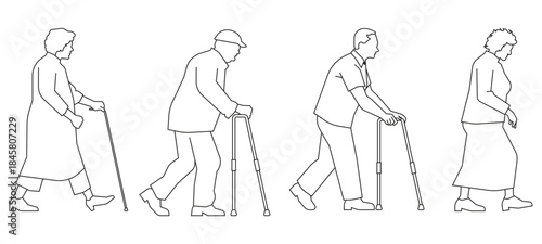 Elderly people line cad art. Vector illustration of senior men and women walking. Symbol for architecture and landscape design drawing. 