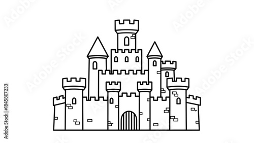 Whimsical Fort Detailed Black and White Line Art of a Classic Stone Castle