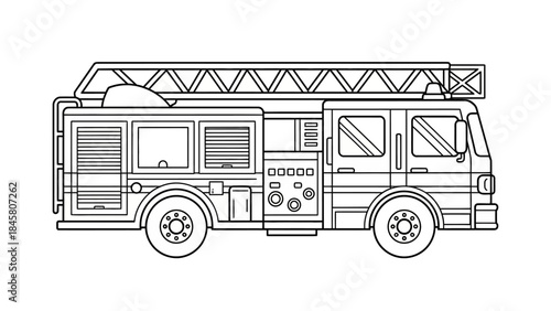 Line art of a fire truck with ladder, a transportation vehicle