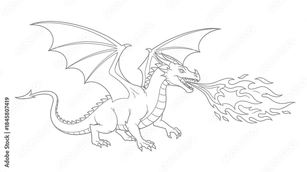 Obraz premium Dragon Fire Breath Outline Art Fierce Mythical Creature with Spreading Wings Design