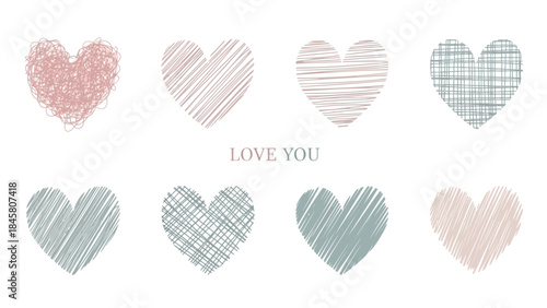 Set of eight heart shapes with love you text on white background