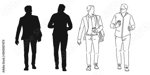 Top view cad drawing set for architectural projects, executive men standing and sitting, editable line vector,  line drawing back view man architect and foreman.