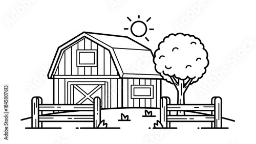 A Line Art Farm Scene with Barn, Tree, and Fence in Black and White