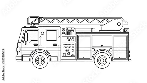 Detailed Fire Truck Line Art Illustration for Creative Projects