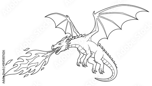 Fiery Dragon's Breath A Line Art Fantasy Illustration