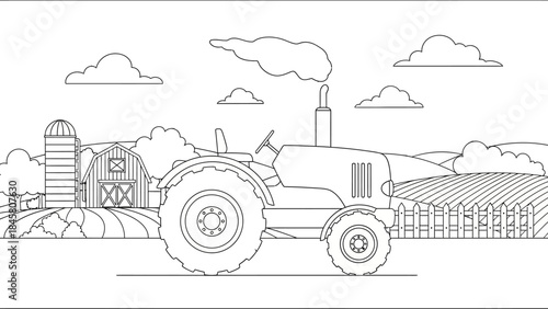 Farm landscape coloring page with tractor, barn, and fields, perfect for kids' creative fun