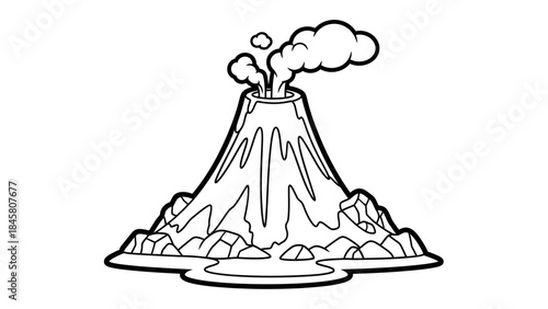 Erupting Volcano Outline on Island with Lava and Smoke Cloud Illustration