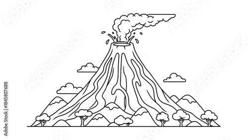 Erupting Volcano Landscape Illustration with Mountains and Trees