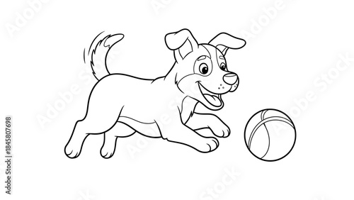 Playful Puppy Chase A Joyful Black and White Illustration of a Dog Fetching a Ball