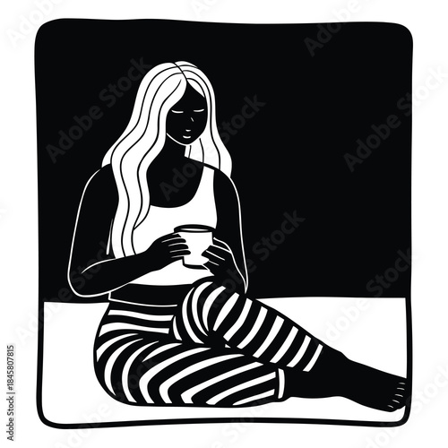 Woman sitting and holding a mug in a black and white illustration