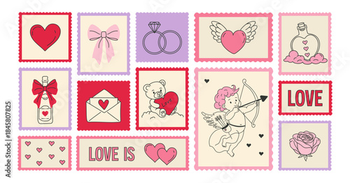 Happy Valentine day stamps set with cute hearts, cupid, rings, rose, bow, love messages. Hand-drawn vector creative concept design for web, graphic,or digital illustration, romantic and playful style.