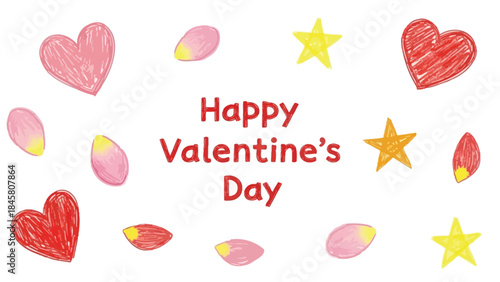 Valentine's day celebration with hand drawn hearts stars and petals on white background