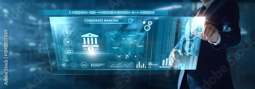 Canvas Print Businessman analyzing Corporate Banking data on virtual interface loan performance, treasury flows, client portfolios, credit operations, financial services