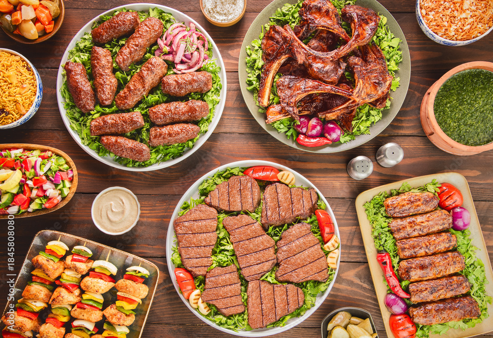 Ταπετσαρία Arabic Cuisine; A variety of grilled meat dishes such as grilled fillet, ribs, kofta, tarb and shish tawook