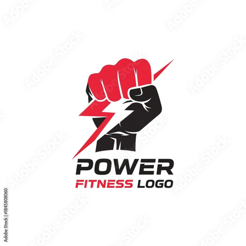 Power Fitness Logo with Clenched Fist and Red Lightning Bolt Graphic Isolated on White Background