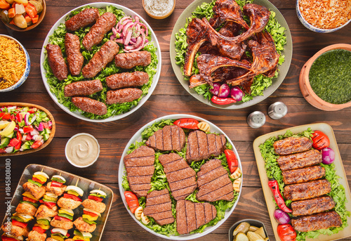 Obraz na plátne Arabic Cuisine; A variety of grilled meat dishes such as grilled fillet, ribs, kofta, tarb and shish tawook