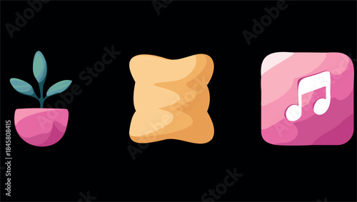 Relaxation Icons: Houseplant, Comfort Pillow and Music – Self Care Vector