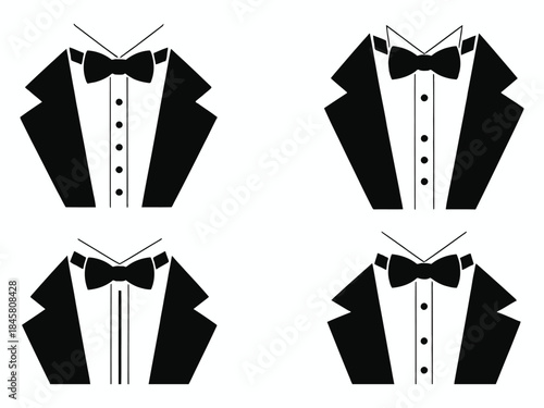 Black tuxedo jackets with bow ties in four different views