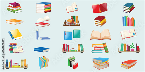 Cartoon books and school textbooks with bookmarks. Reading and education concept with stacked and open books, library and bookshelf elements. Vector isolated set.