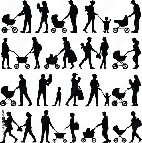 Black silhouettes of parents and children with strollers