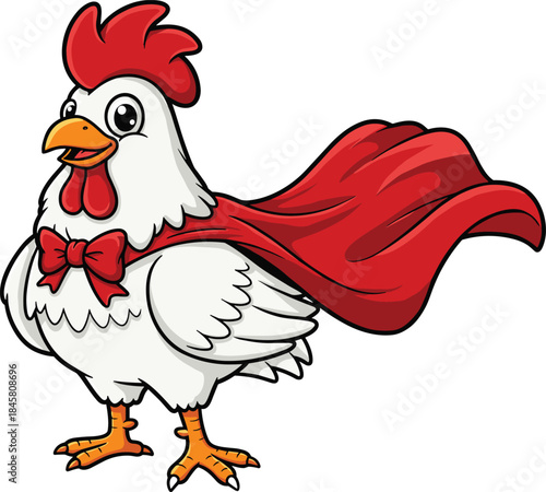 Cartoon superhero chicken with red cape and bow tie, confident standing pose, cute farm animal mascot, white rooster character illustration, vector poultry concept design