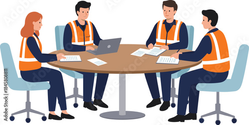 Construction workers team meeting around table, discussing safety checklist, engineering collaboration, workplace communication, planning project, flat 