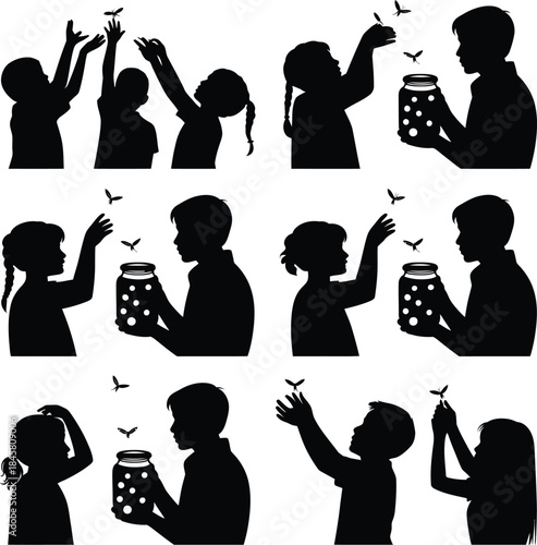 Children catching fireflies silhouette collection