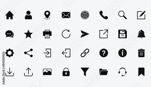 Collection of various black and white icons on a white background