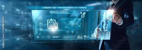 Bilde på lerret Businessman analyzing Financial Planning data on virtual interface budget forecasts, savings goals, investment strategy, wealth tracking, cashflow projections