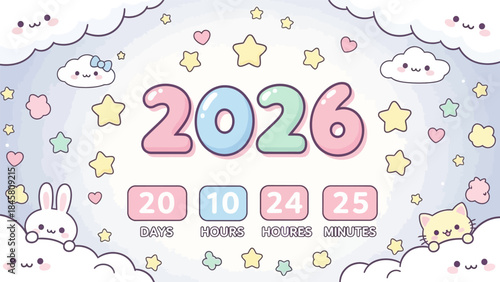 A digital illustration of a countdown to the year 2026 featuring cute cartoon animals and colorful stars and clouds in a whimsical scene.