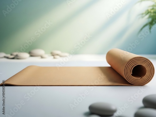 Eco-friendly yoga mat unrolling on a serene light surface with natural sunlight