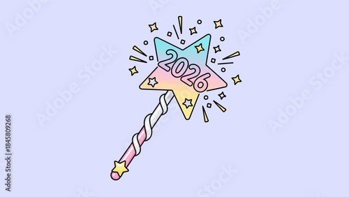 A colorful star-shaped magic wand with the year 2026 on it, surrounded by stars and sparkles, on a light purple background.