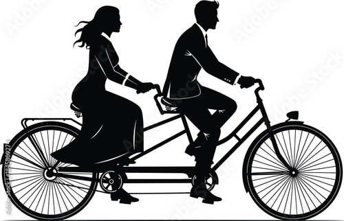 Silhouette of romantic couple riding tandem bicycle, elegant man and woman cycling together, black and white vector art, wedding or love concept illustration