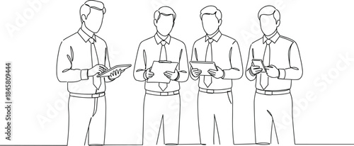 Line art business team holding digital devices, corporate professionals using technology, 