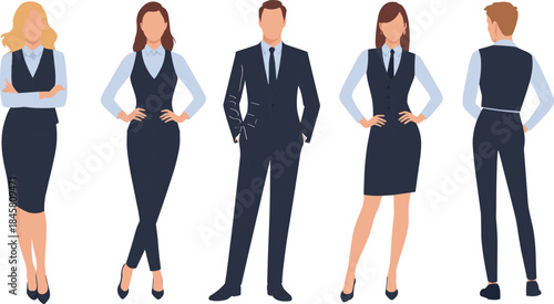 Professional Business People in Formal Attire: Diverse Gender and Pose Illustrations for Corporate Design