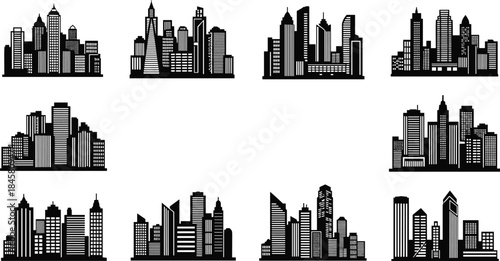 City skyline silhouette collection of modern urban buildings, high-rise cityscape vector icons for architecture, planning, design, branding, web