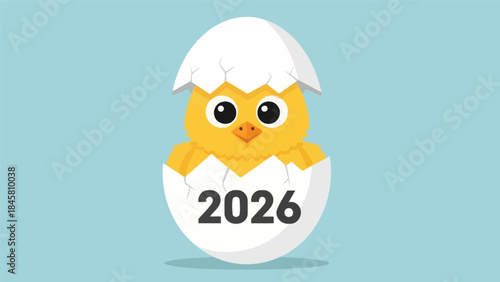 Cute yellow chick hatching from a white egg with the year 2026 written on it, against a light blue background.