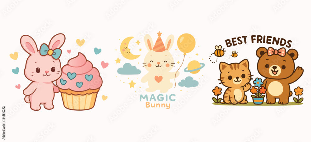 Fototapeta premium A whimsical illustration of cute animals and sweet treats celebrating friendship