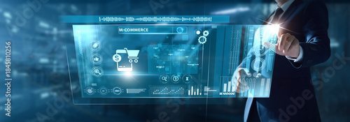 Photography Businessman analyzing Mobile Commerce (M-Commerce) data on virtual interface app sales, checkout trends, user behaviour, mobile transactions, online purchasing flow