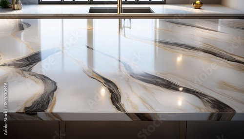 a sleek polished white quartz countertop with a smooth surface reflecting light generative ai