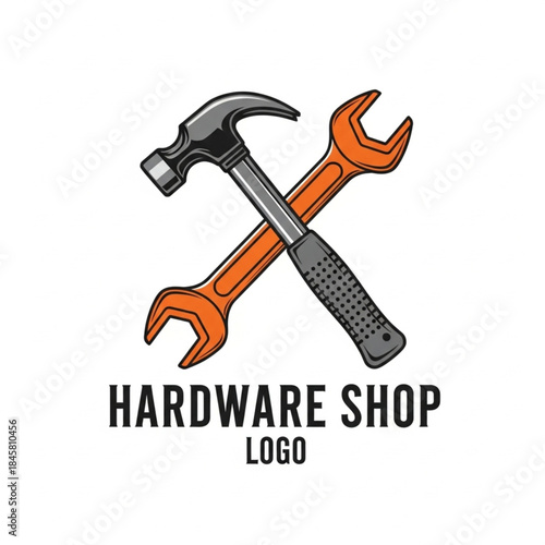Claw Hammer and Adjustable Wrench Crossed for Hardware Shop or Repair Service Logo Design
