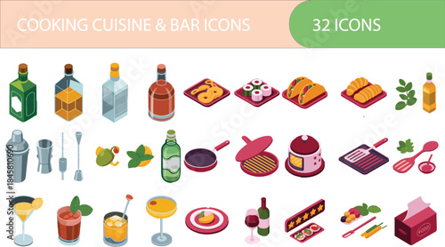 Isometric cooking cuisine and bar icons set